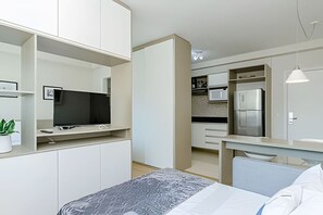 1 bedroom, desk, iron/ironing board, travel cot