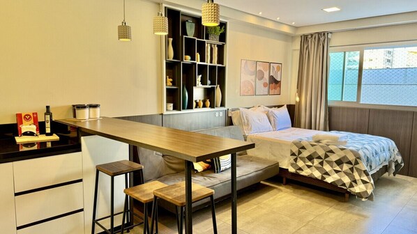 1 bedroom, desk, iron/ironing board, travel cot