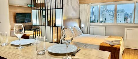1 bedroom, desk, iron/ironing board, travel cot