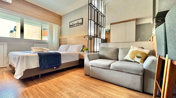 1 bedroom, desk, iron/ironing board, travel cot