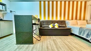 1 bedroom, desk, iron/ironing board, travel cot