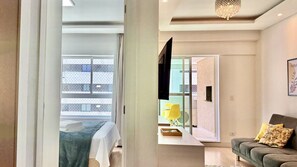 1 bedroom, desk, iron/ironing board, travel cot