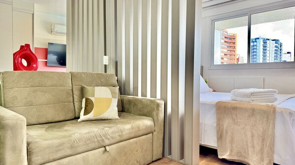 1 bedroom, desk, iron/ironing board, travel cot