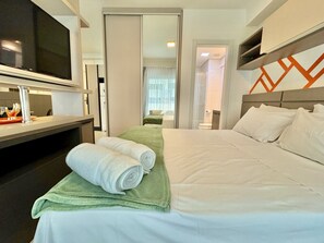 1 bedroom, desk, iron/ironing board, travel cot