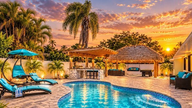 A swimming pool with lounge chairs and a barbecue area, surrounded by palm trees and a sunset. - Dream Gateway, Luxury, Exclusive (Bradenton)