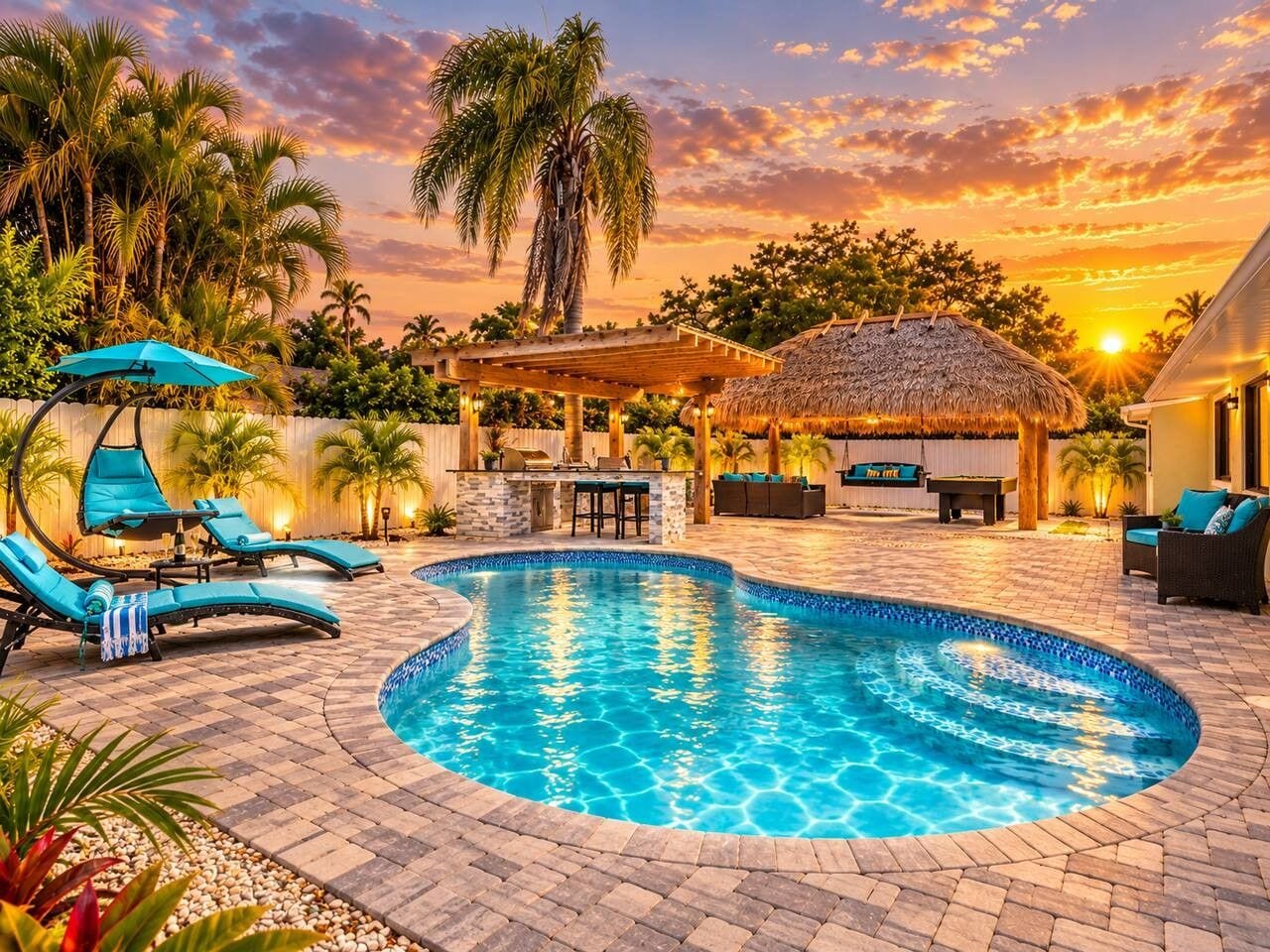 Une piscine avec des chaises longues et un espace barbecue, le tout entouré de palmiers et baigné par la lumière du coucher de soleil.