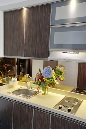 Appartement supérieur, 2 chambres, cuisine, vue sur la ville | Cuisine privée | Produits de nettoyage écologique