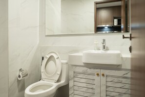A modern bathroom with a toilet, sink, and mirror.