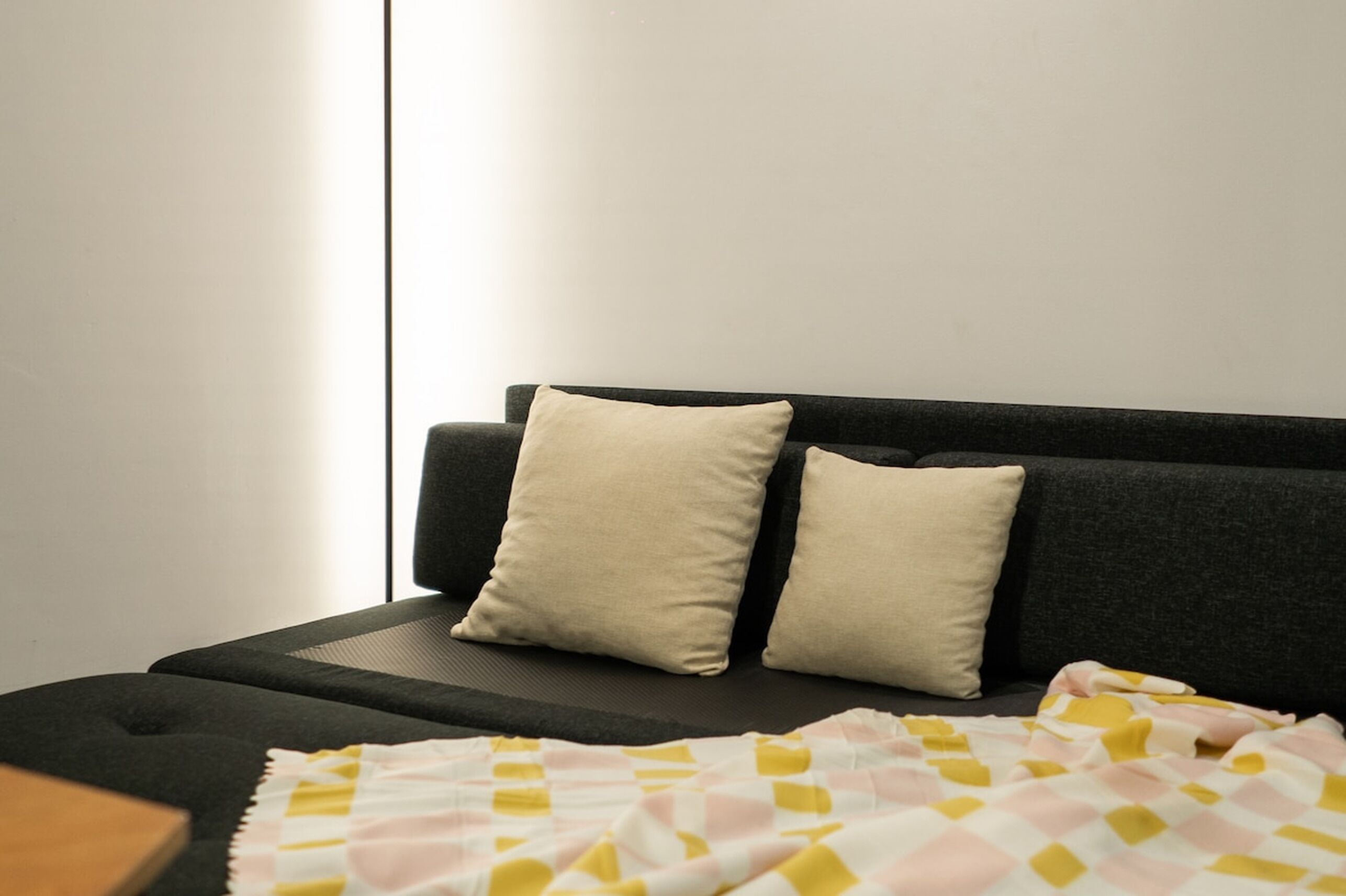 A modern room with a dark sofa and two pillows, a patterned blanket, and a wooden side table.