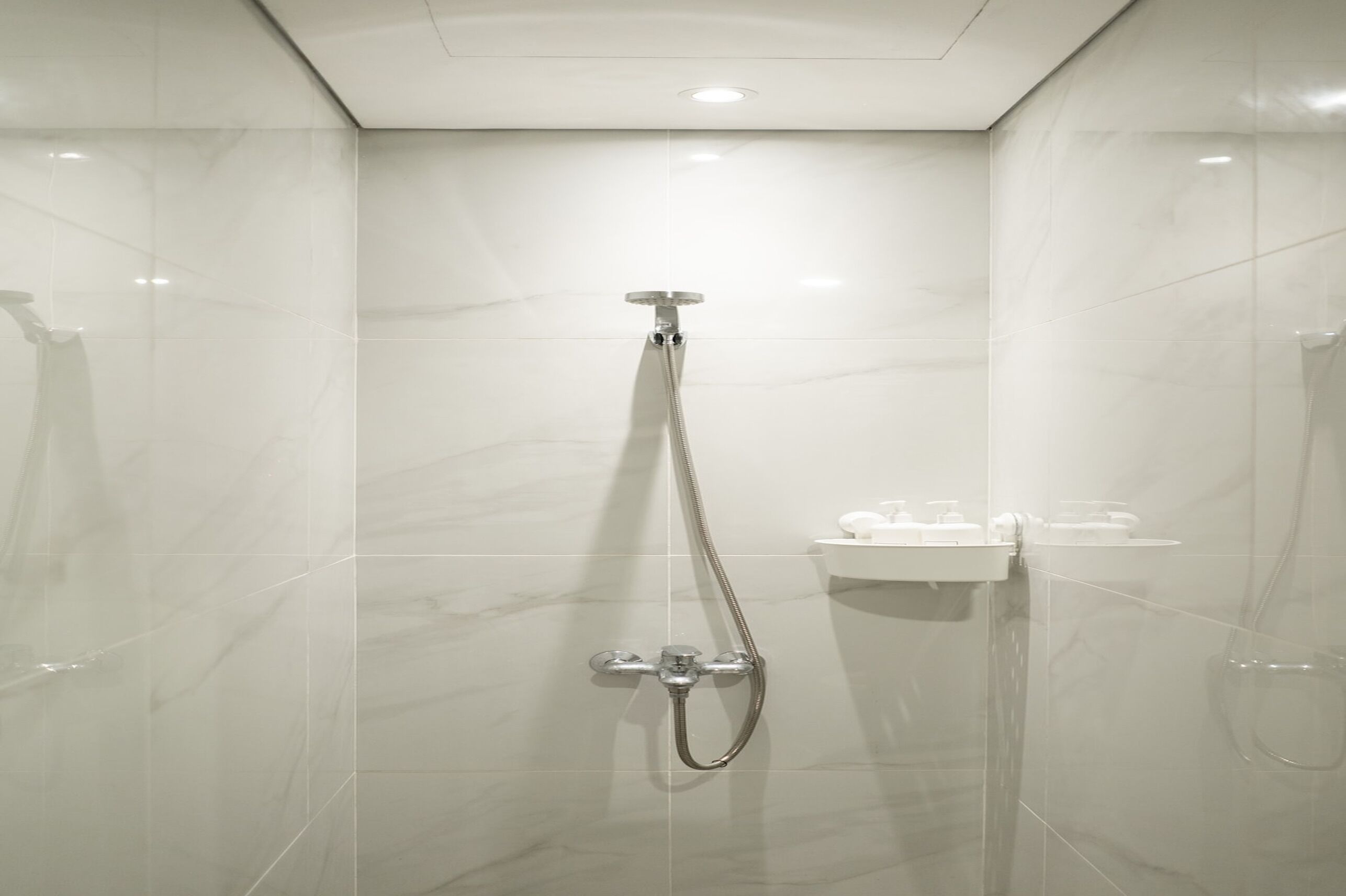 A modern shower with a handheld showerhead and a wall-mounted faucet.