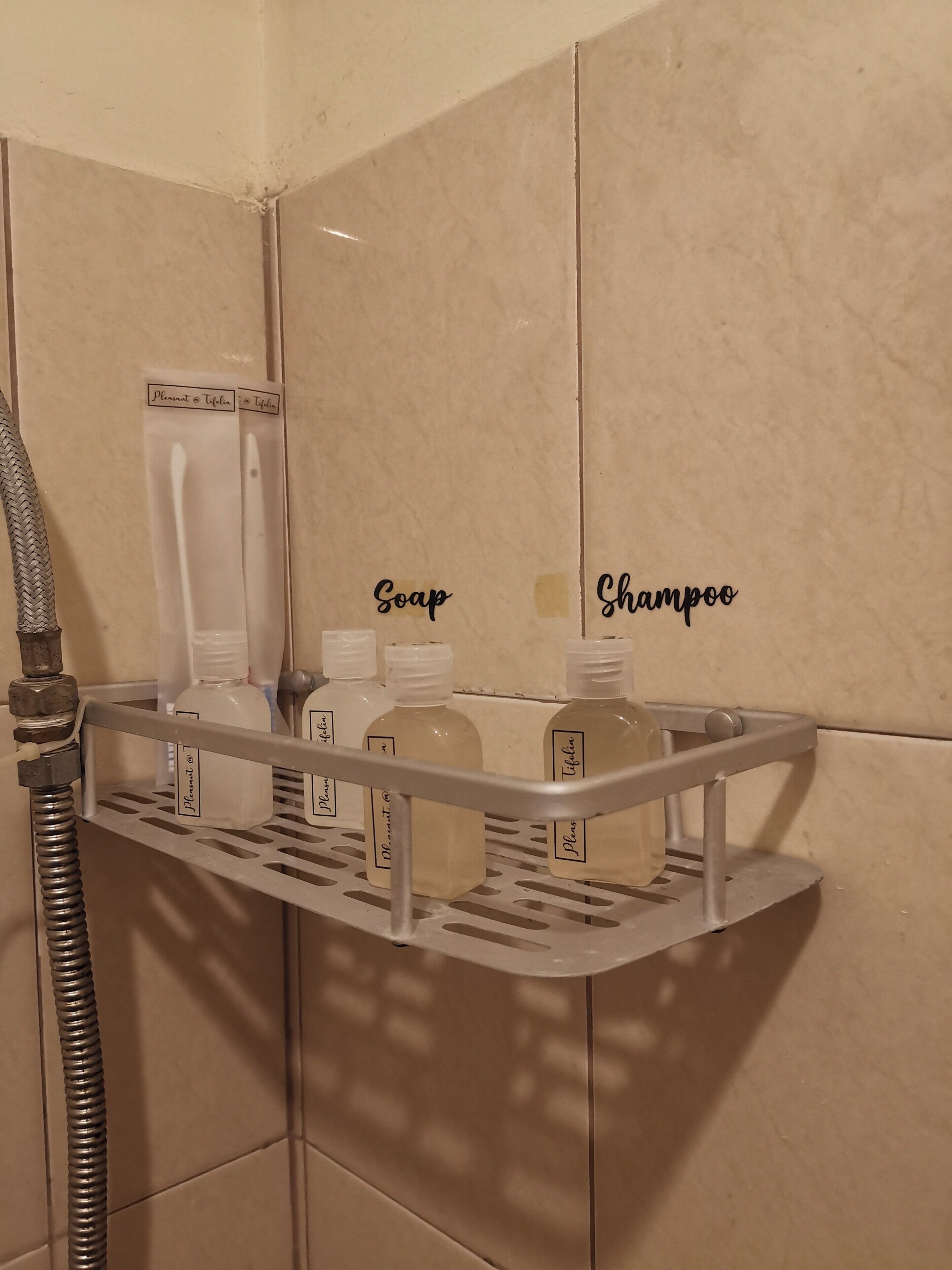 A shower area with a shelf holding bottles labeled 'Soap' and 'Shampoo'.