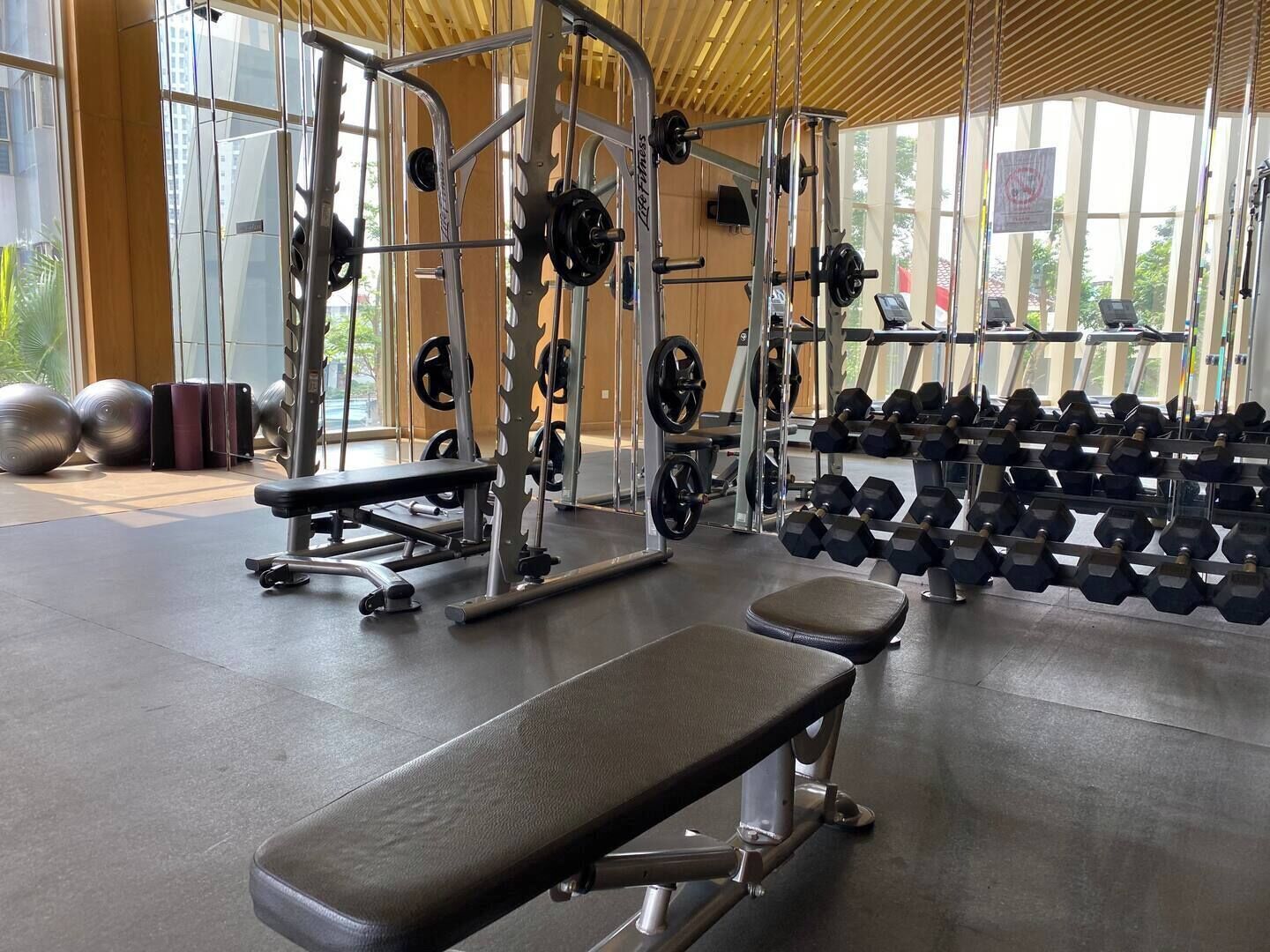 A gym with weightlifting equipment, a bench, and dumbbells.