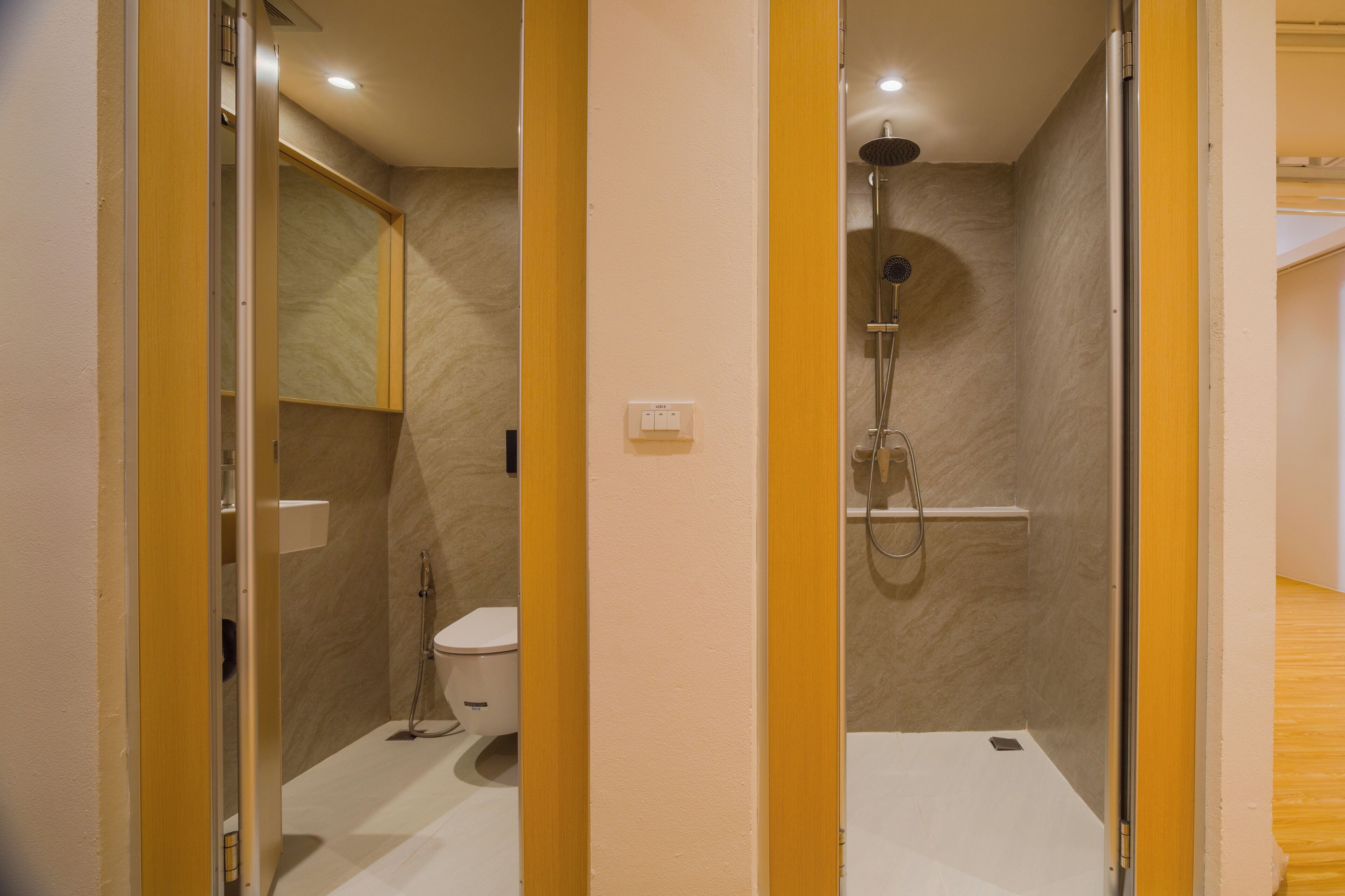 A modern bathroom with a shower, toilet, and a mirror.