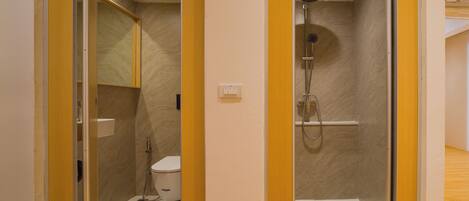 A modern bathroom with a shower, toilet, and a mirror.