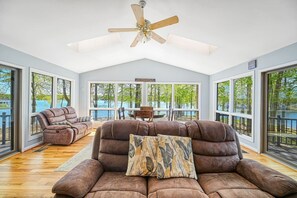 A spacious living room with a ceiling fan, large windows, and a view of a lake.