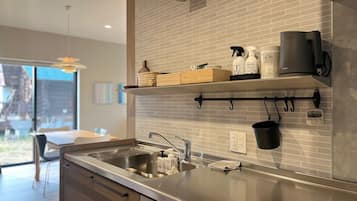 Fridge, microwave, cookware/dishes/utensils