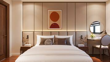 Hypo-allergenic bedding, free minibar items, in-room safe, desk