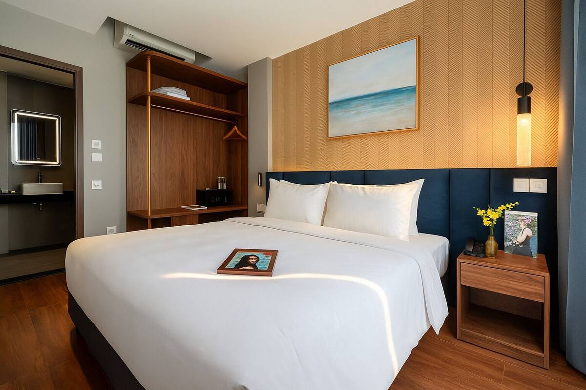 A hotel room with a large bed, a wooden wardrobe, a bedside table with a vase of flowers, and a painting on the wall.