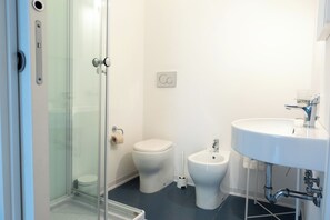 Een douche, een haardroger, een bidet, handdoeken
