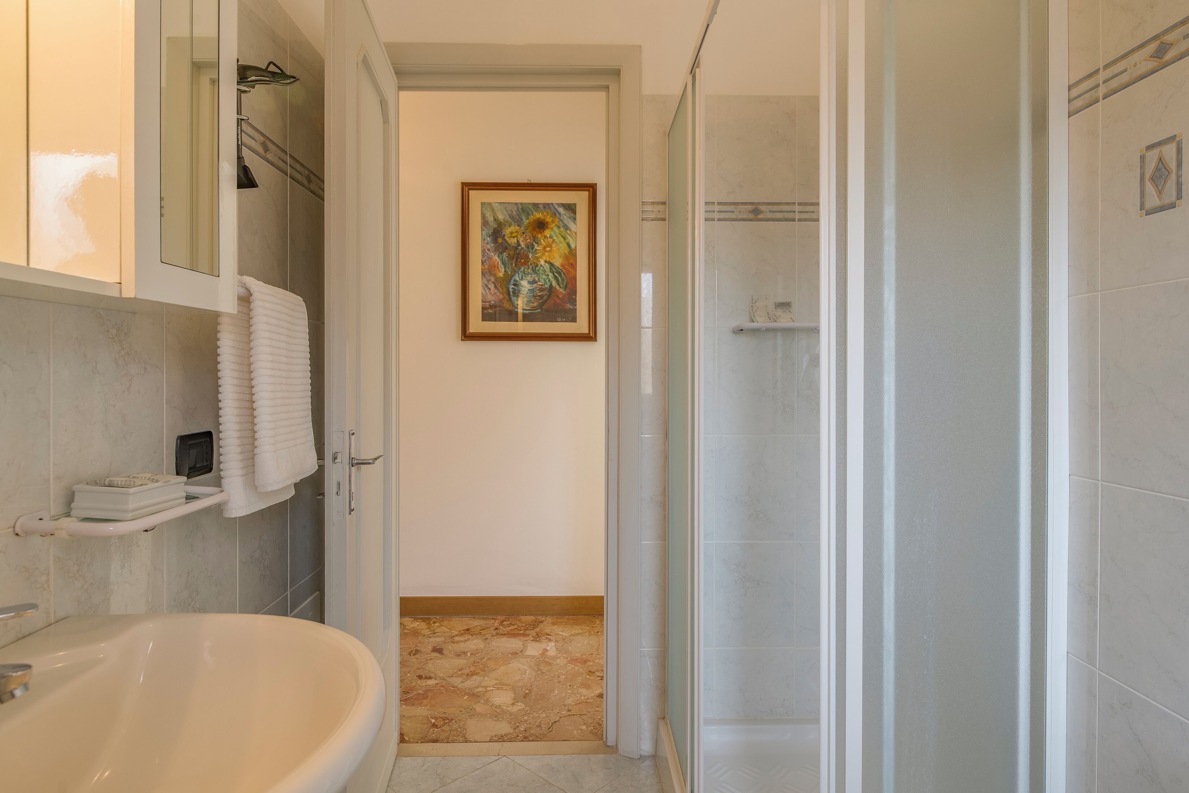 Shower, hair dryer, bidet, towels