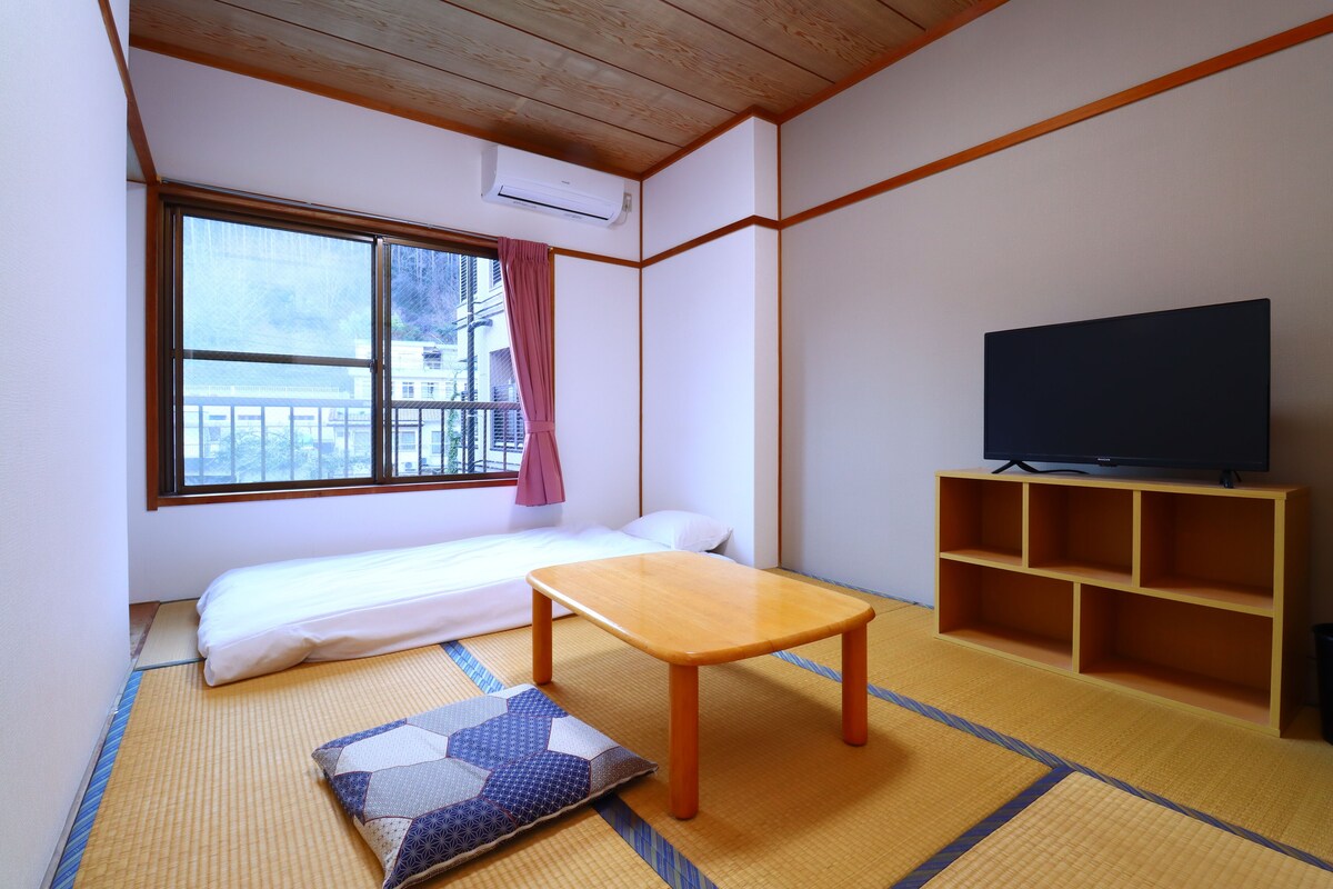 A room with tatami flooring, a bed, a television on a stand, and a window with a view of buildings.