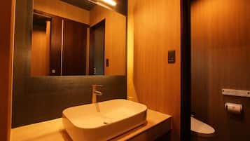 A modern bathroom with a wooden vanity, a large mirror, and a toilet.