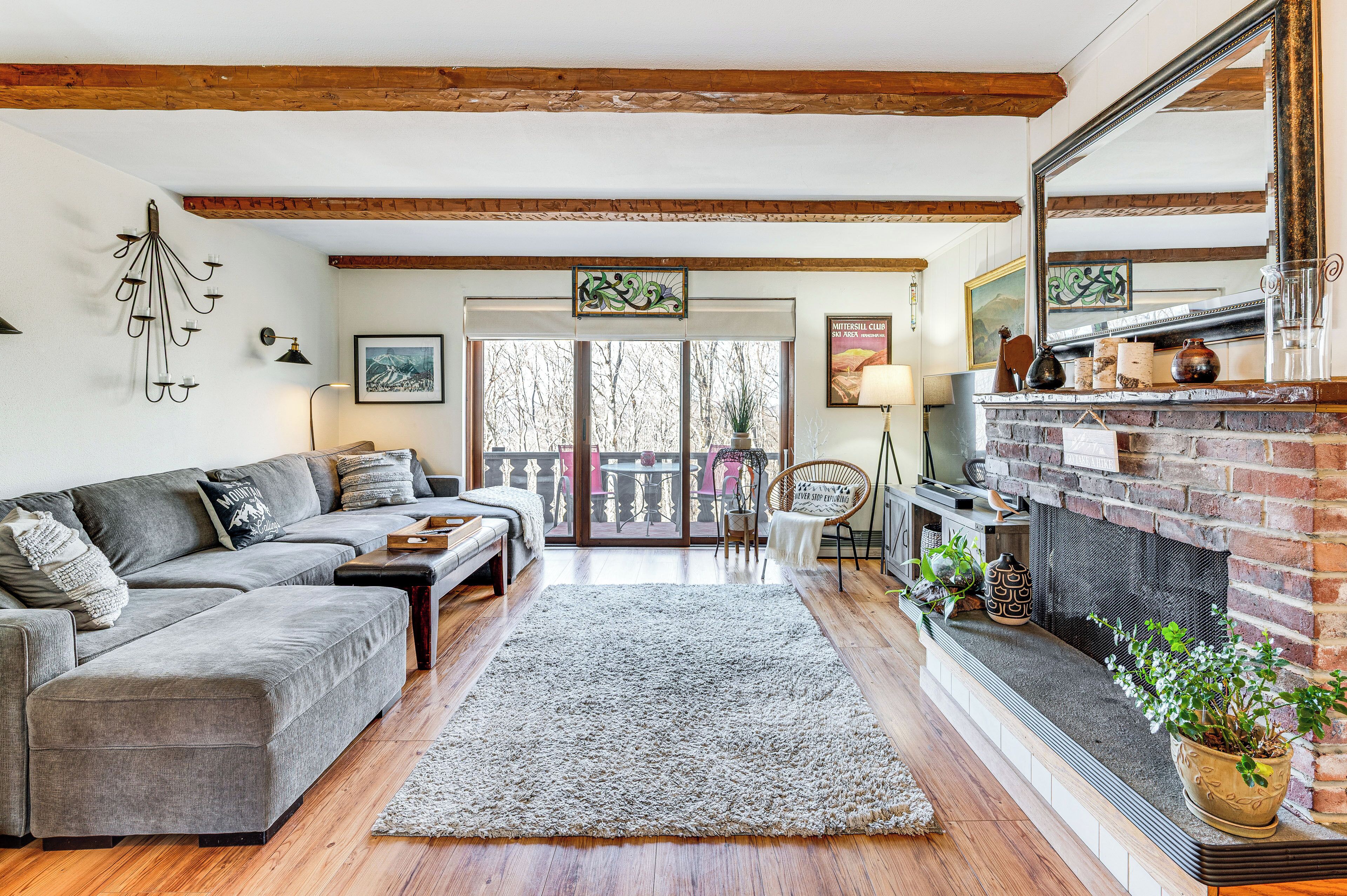 TV, fireplace, books