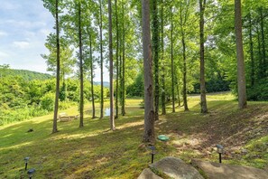 A forested area with a lake, benches, and a picnic table.