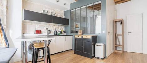 Microwave, stovetop, coffee/tea maker, toaster