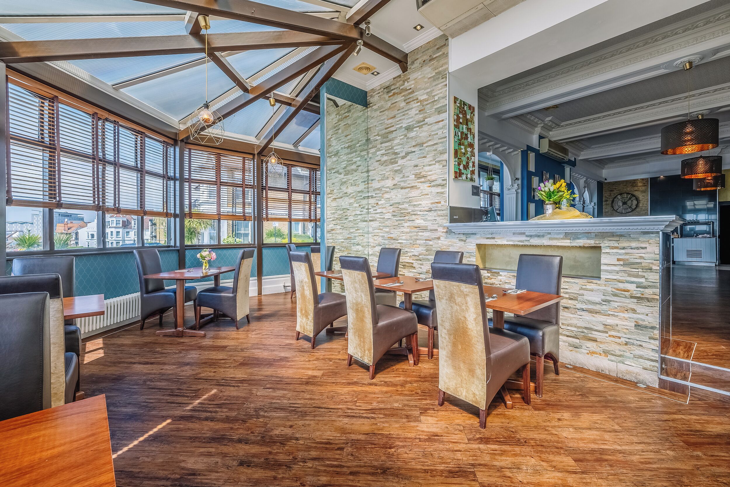 Start your day in this sun-drenched dining space with views.