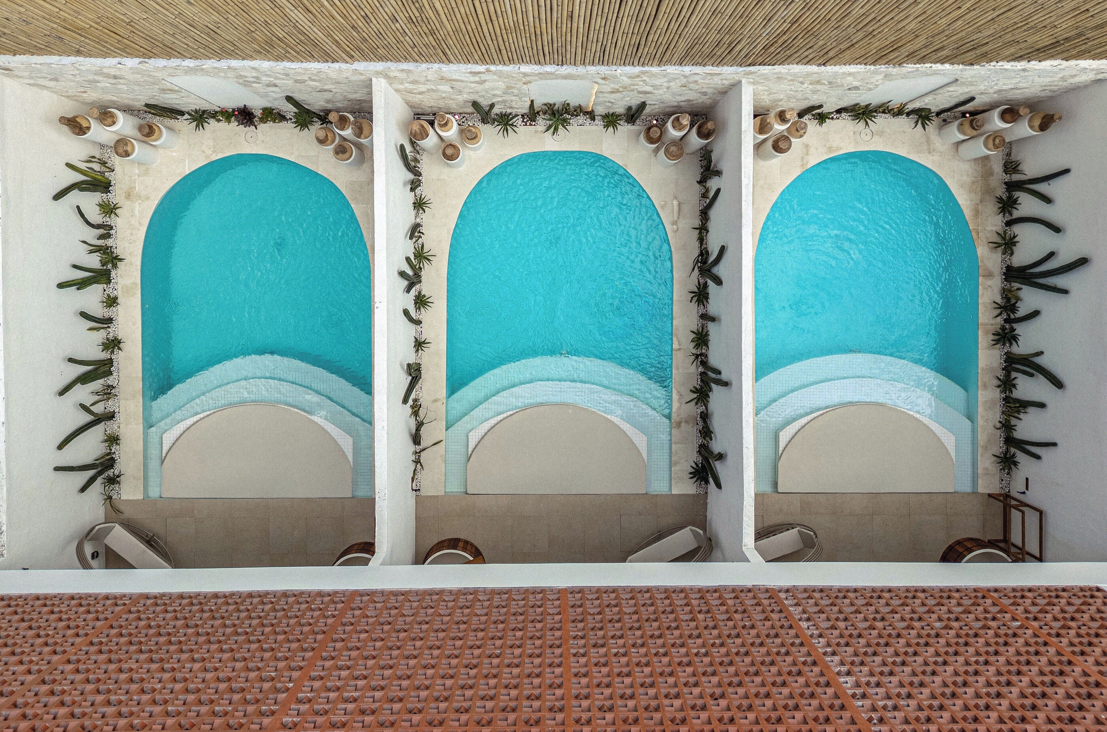 A pool area with three arched openings, surrounded by plants and decorative elements.