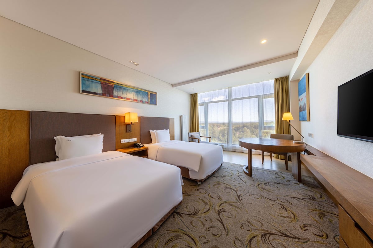 A hotel room with two beds, a desk, a chair, a TV, and a large window with a view.
