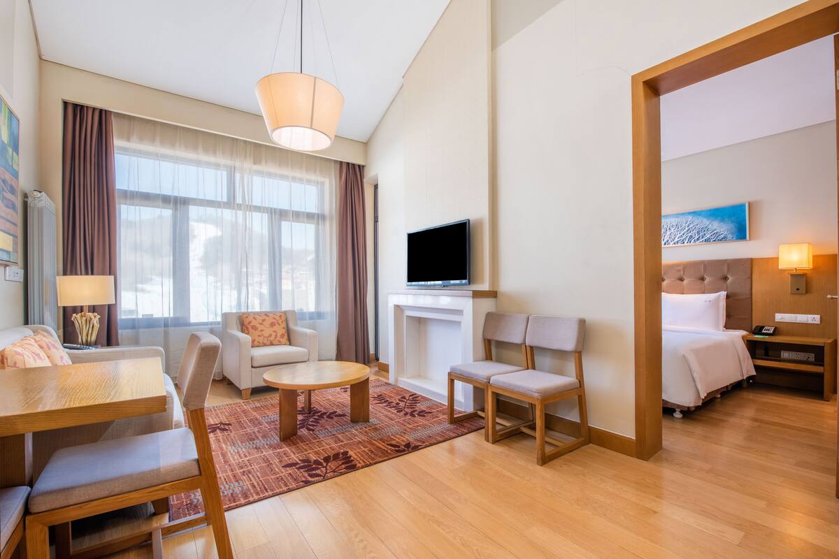 Une chambre d’hôtel avec un plancher en bois, un canapé, une table à manger avec des chaises, une télévision, un lit et une cheminée.
