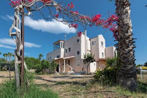 Stunning two-story residence with a central entrance and covered porch, set amidst lush vegetation.