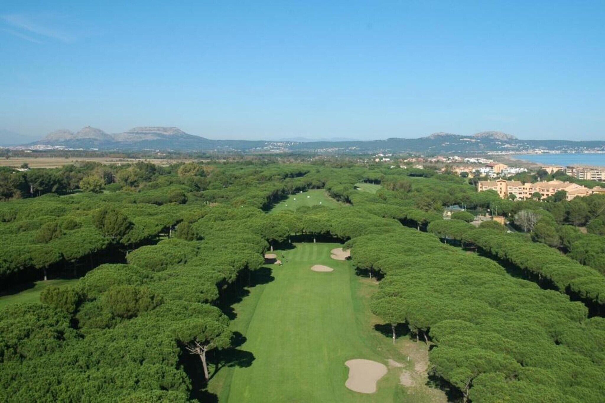 An aerial view of a golf course with a clear path, surrounded by dense greenery and a distant town.