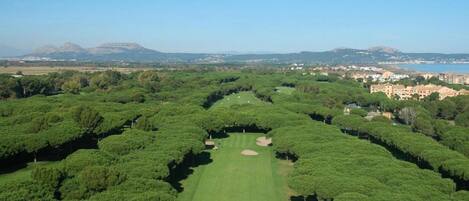 An aerial view of a golf course with a clear path, surrounded by dense greenery and a distant town.