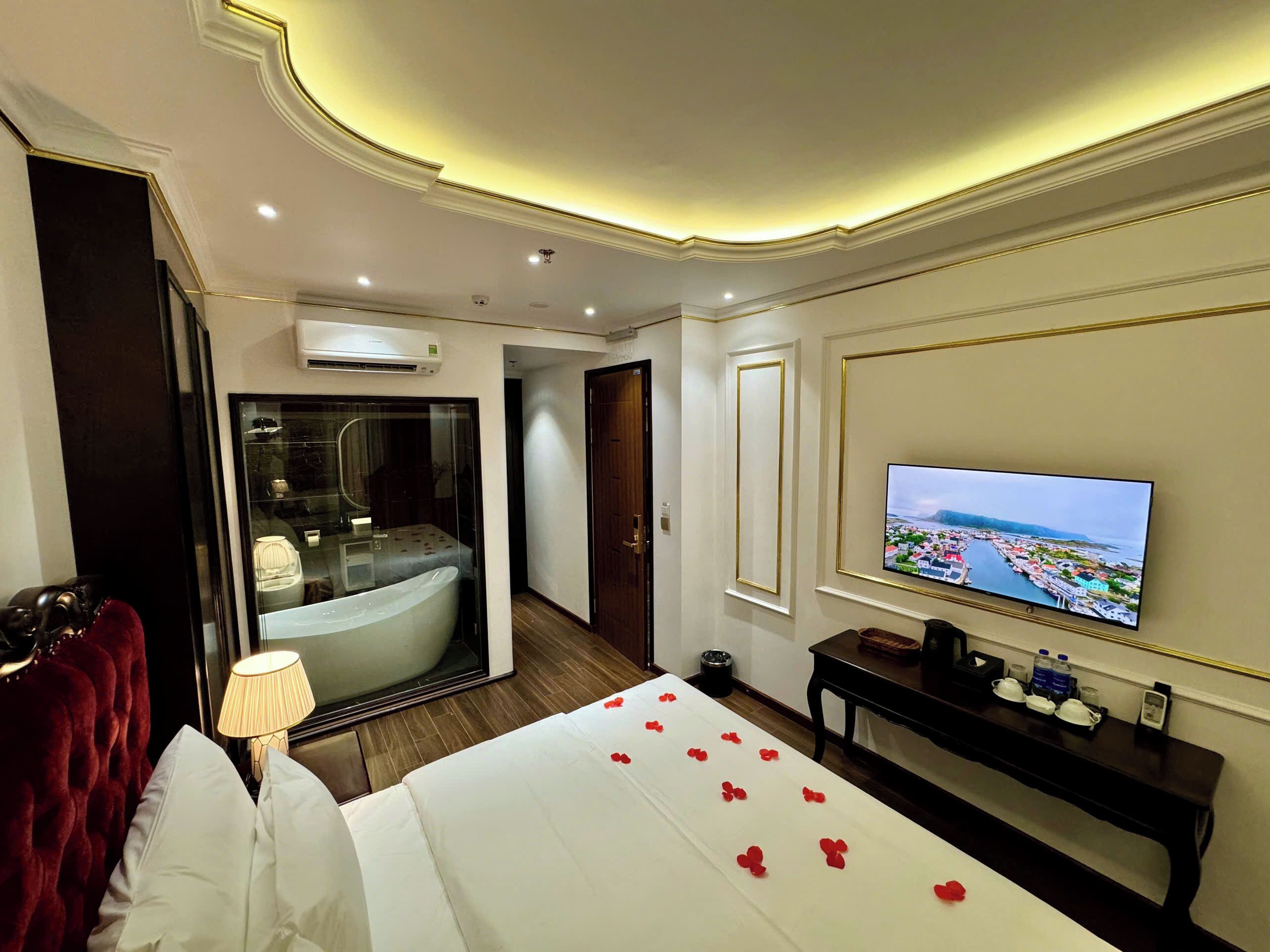 Una habitación de hotel con una cama grande, televisión, baño con bañera y escritorio con lámpara.
