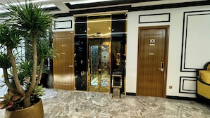 A lobby with marble flooring, a large potted plant, and two doors marked "101". - Royal Hanoi Hotel  (Hanoi)