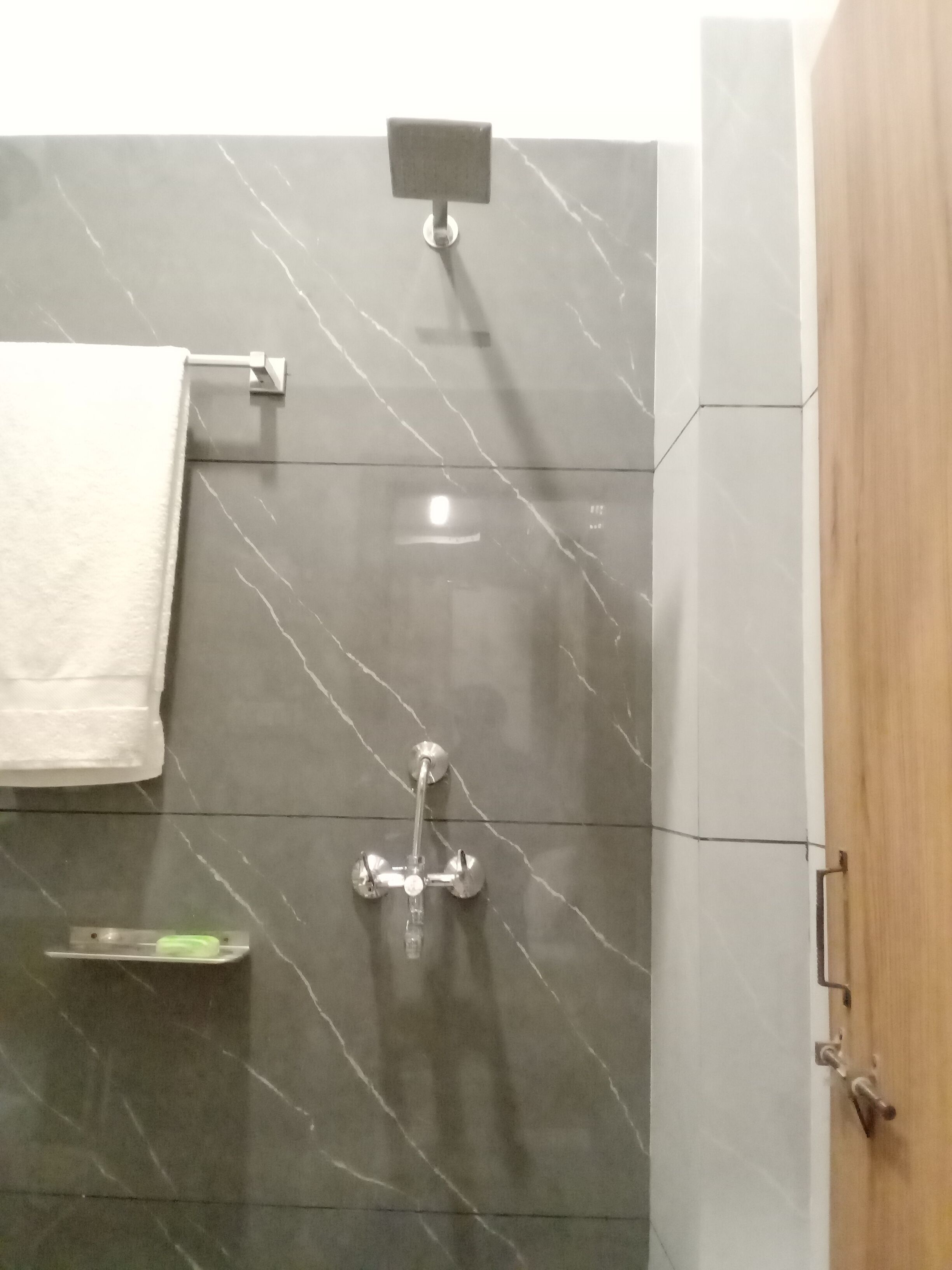 Un baño con ducha, perchero para toallas y puerta de madera.