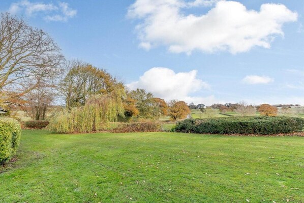 A well-maintained grassy field with mature trees and a hedge.