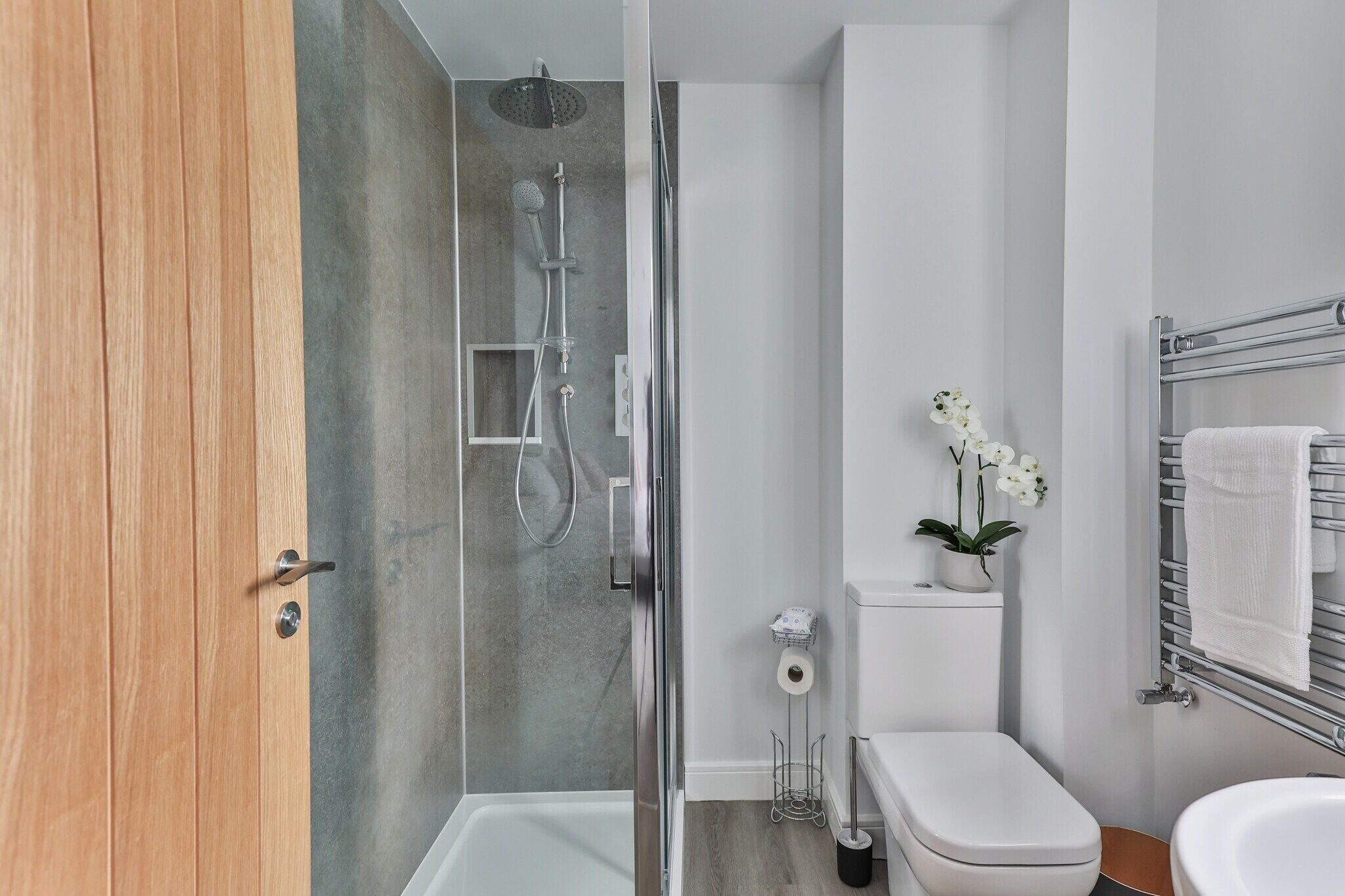 A modern bathroom with a glass-enclosed shower, a white toilet, a sink, and a towel rack.