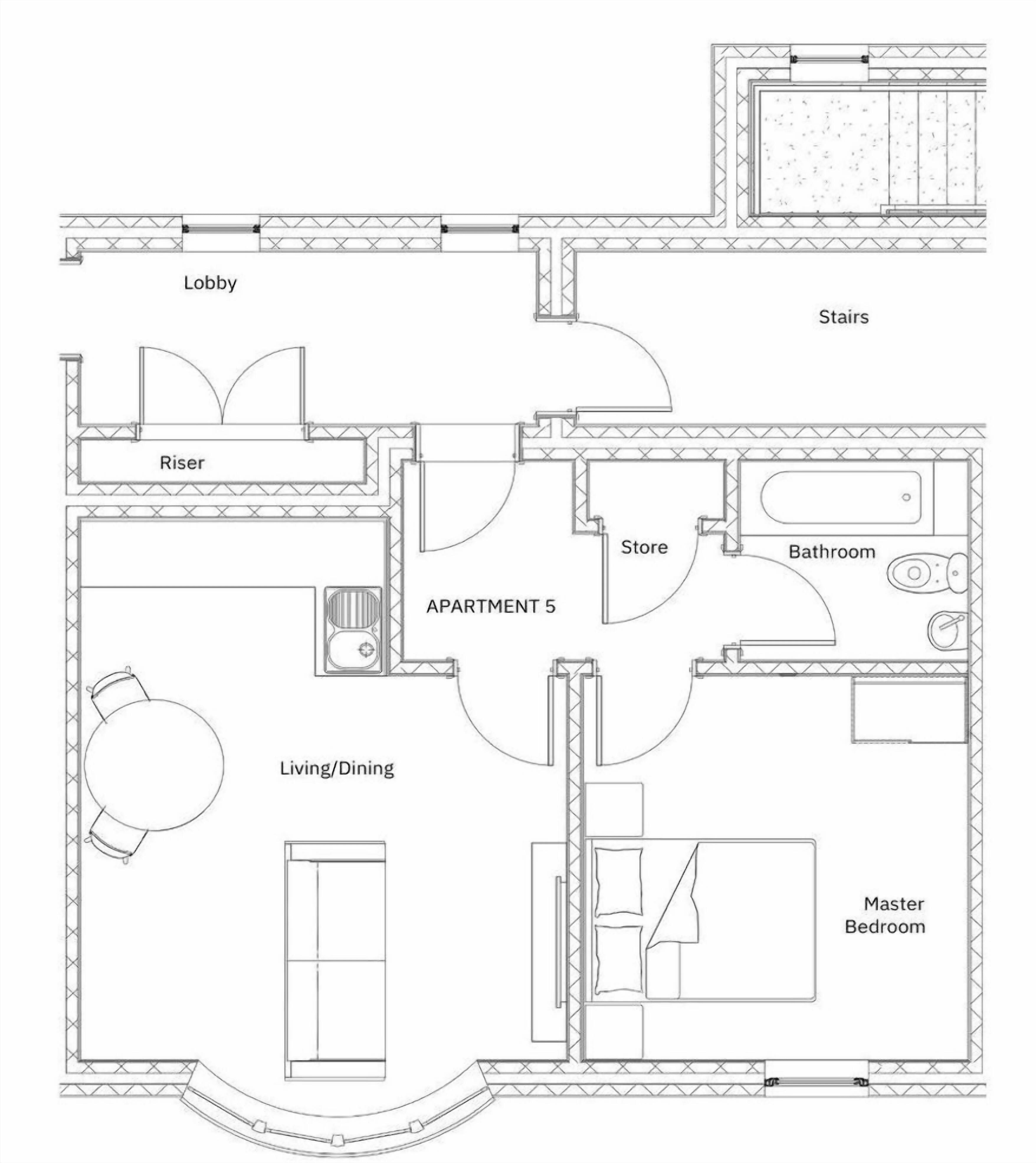 Planta baixa de um apartamento com sala de estar/jantar, quarto principal, banheiro e depósito.