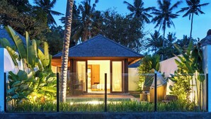 A modern villa with a glass entrance, surrounded by tropical vegetation and palm trees.