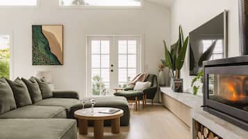 Smart TV, fireplace, books