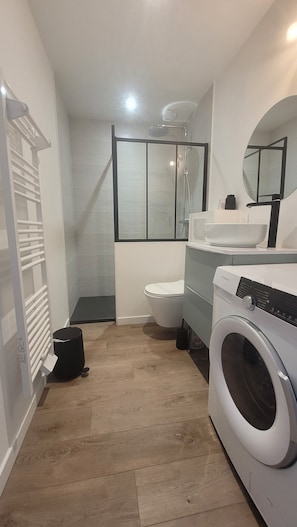 Shower, hair dryer, towels, toilet paper