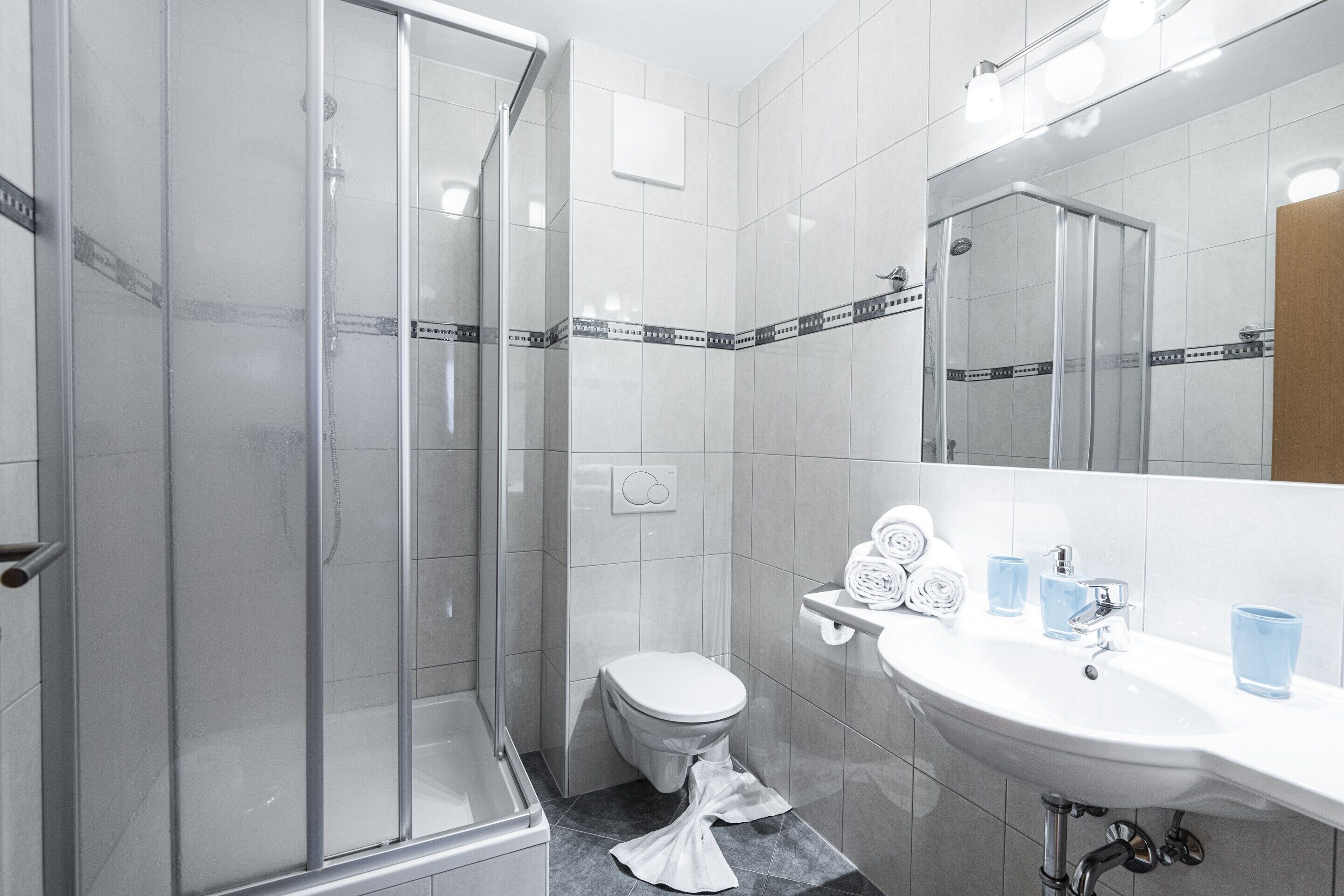 A modern bathroom with a glass shower enclosure, a white toilet, and a sink with a mirror above it.