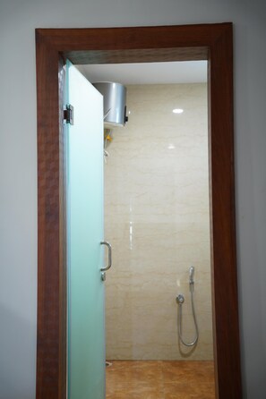 Regadera, toallas, jabón, shampoo 