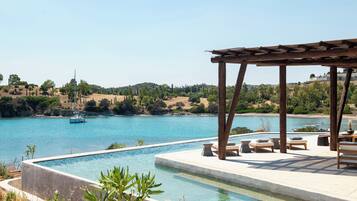 2 kolam renang outdoor, dengan payung kolam renang dan kursi berjemur