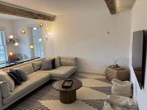 Télévision, cheminée, chaîne hi-fi