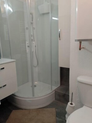 Hair dryer, towels, soap, toilet paper